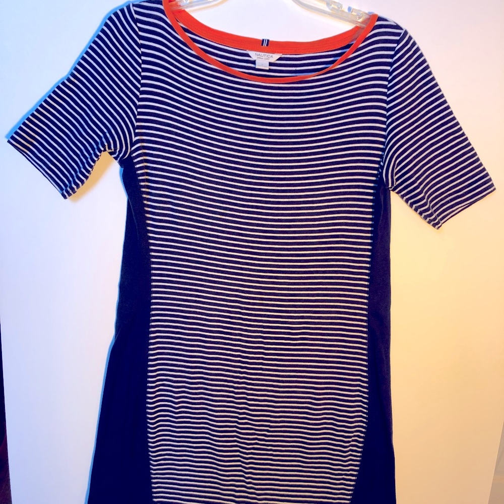 Nautica T-shirt Dress, Navy Blue/White stripe with orange trim at neck